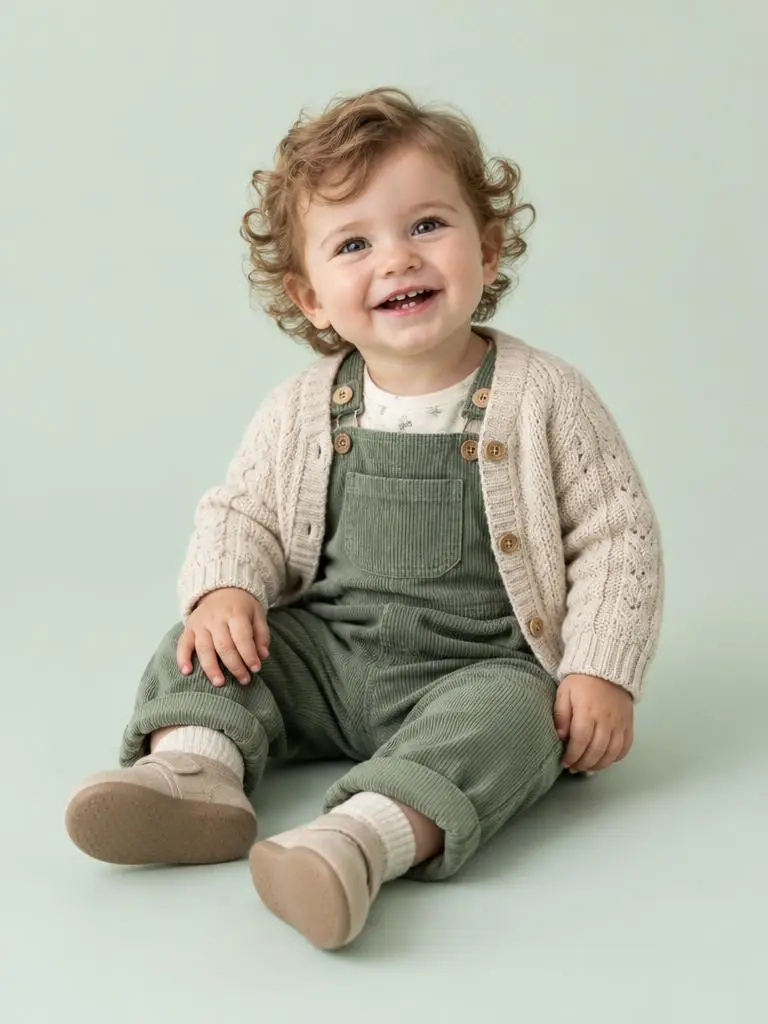 Little one in soft knitwear and green dungarees